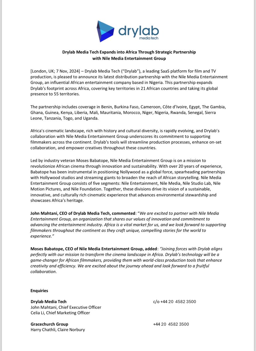 We are pleased to share that Drylab Media Tech has officially entered a new #partnership with Nile Media Entertainment Group (thenileworld.com)This #collaboration extends our reach across Africa, covering 21 key countries, and expands Drylab’s footprint to 55 #territories.