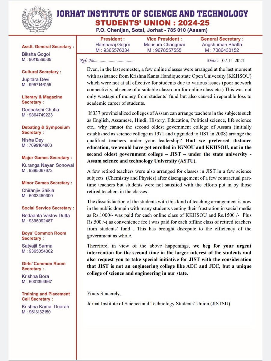 jistsu38802's tweet image. Urgent appeal:JIST faces critical shortage of faculty.
@himantabiswa @CMOfficeAssam 
@ranojpeguassam @GauravGogoiAsm 
@DeputyJorhat @Jorhat_Police @AssamRajbhavan @atanubhuyan @NitumoniSaikia0 @Pijush_hazarika @mrinaltalukdar8 @hitendranathgos @PrasantaRajguru @ZarirHussains