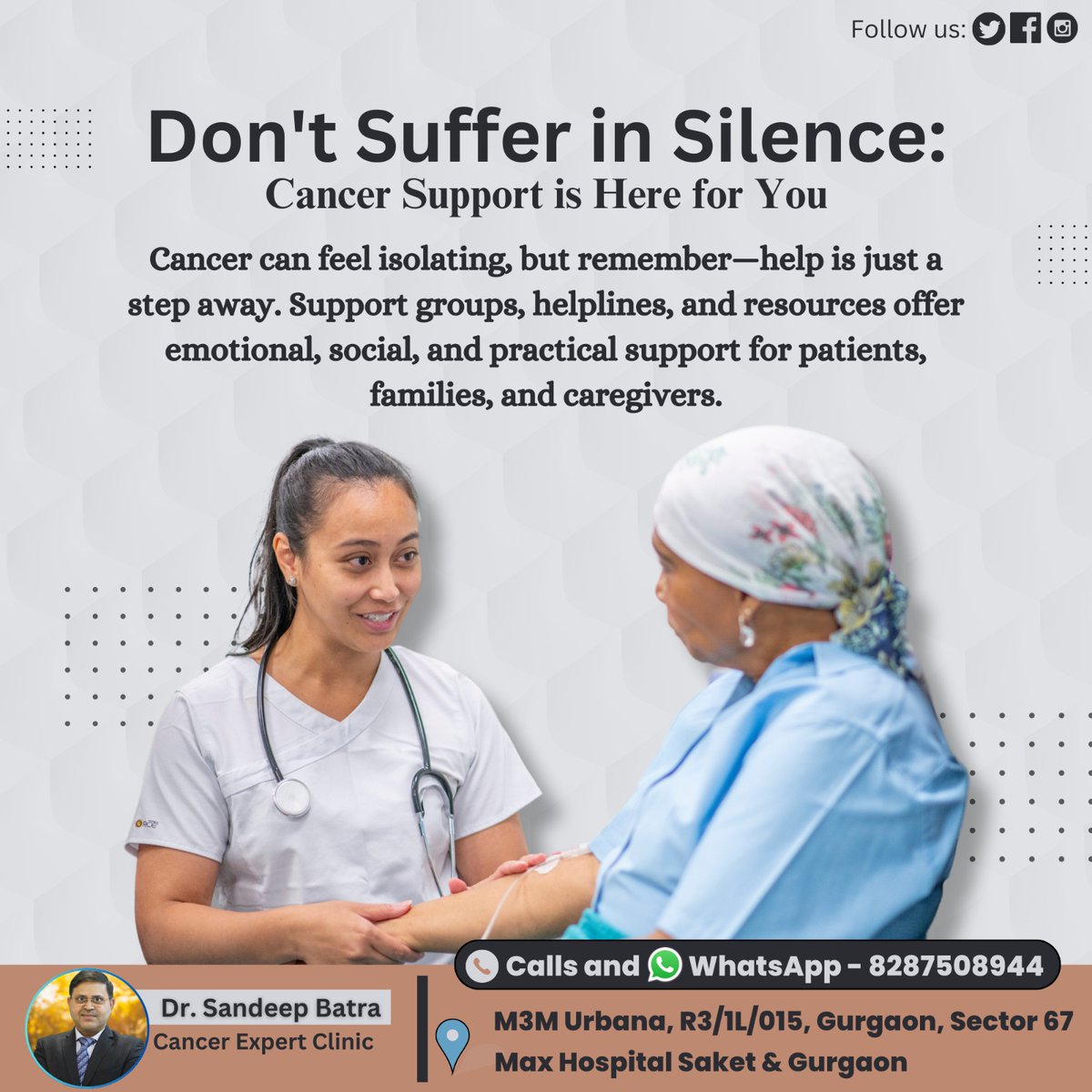 YOURONCOLOGIST's tweet image. Don't Suffer in Silence:
Cancer Support is Here for You

👨‍⚕️Dr. Sandeep Batra
Consultant:- Cancer Expert
Contact us at 📲8287508944
Visit us 📍M3M Urbana, R3/1L/015, Gurgaon, Sector 67 Max Hospital Saket &amp;amp; Gurgaon

#Drsandeepbatra #Cancerexpert #cancersupport #publicawareness