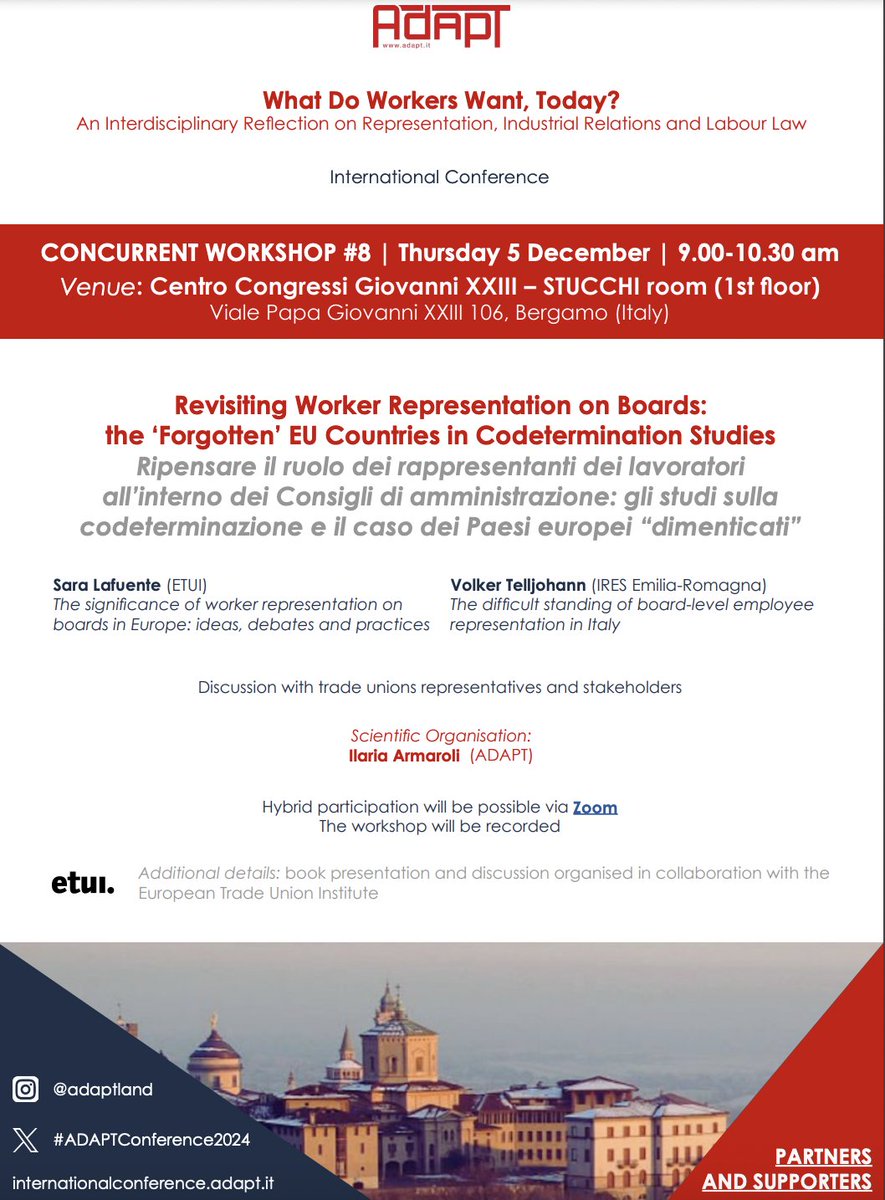 ADAPT_bulletin's tweet image. #ADAPTConference2024 
@ETUI_org-@adaptland Workshop No. 8 &quot;Revisiting #WorkerRepresentation on Boards: the ‘Forgotten’ EU Countries in #Codetermination Studies&quot;    
🗓️5 DEC | 9.00-10.30 
🌐 Hybrid participation will be possible via Zoom
👥 Languages: IT/EN
internationalconference.adapt.it/registration/
