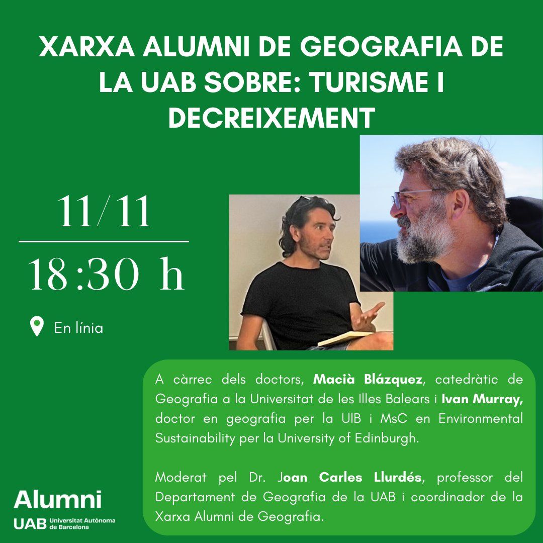Geografia UAB (@geografia_uab) on Twitter photo Eps! si esteu interessades en el turisme i el seu creixement excessiu, recordeu que Alumni <a href="/Geografia_UAB/">Geografia UAB</a> ha organitzat aquest webinar amb
<a href="/maciablazquez/">Macià Blázquez</a> i Ivan Murray: dilluns 11 de novembre. Informació i enllaç d'inscripció👇
uab.cat/web/alumni/esd…
docs.google.com/forms/d/e/1FAI… Eps! si esteu interessades en el turisme i el seu creixement excessiu, recordeu que Alumni <a href="/Geografia_UAB/">Geografia UAB</a> ha organitzat aquest webinar amb
<a href="/maciablazquez/">Macià Blázquez</a> i Ivan Murray: dilluns 11 de novembre. Informació i enllaç d'inscripció👇
uab.cat/web/alumni/esd…
docs.google.com/forms/d/e/1FAI…