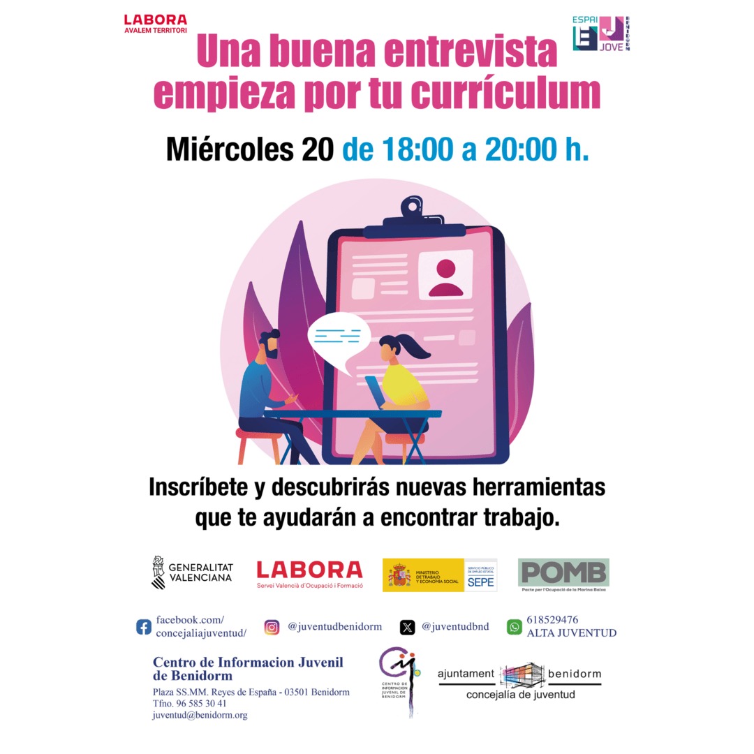 Taller: Una buena entrevista empieza por tu currículum
La Concejalía  promociona la realización de talleres para encontrar trabajo.
Se realizará en la Concejalía de Juventud el miércoles 20 de noviembre de 18.00 a 20:00 h.
Inscripciones: Centro de Información juvenil 965853041
