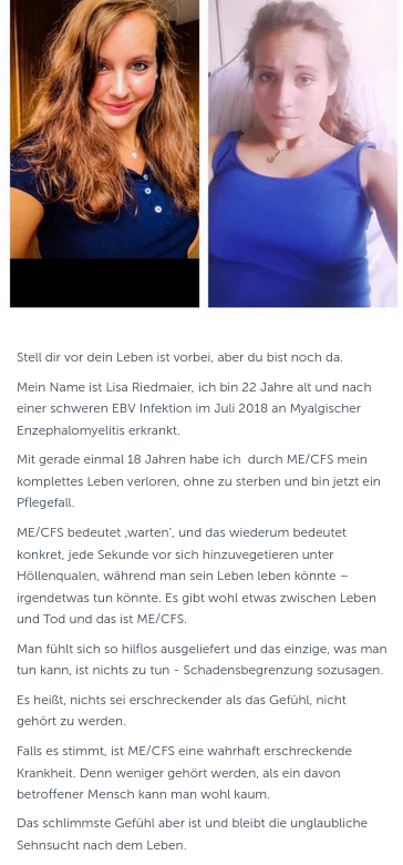 MemorialME's tweet photo. 🕯️Lisa †7.11.22
Lisa kurz vor ihrem Tod:
„..#MECFS bedeutet ‚warten’, u.das wiederum bedeutet konkret,jede Sekunde vor sich hinzuvegetieren unter Höllenqualen,während man sein Leben leben könnte– irgendetwas tun könnte. Es gibt wohl etwas zwischen Leben u.Tod u.das ist ME/CFS..“ https://t.co/35S8FEgwyY