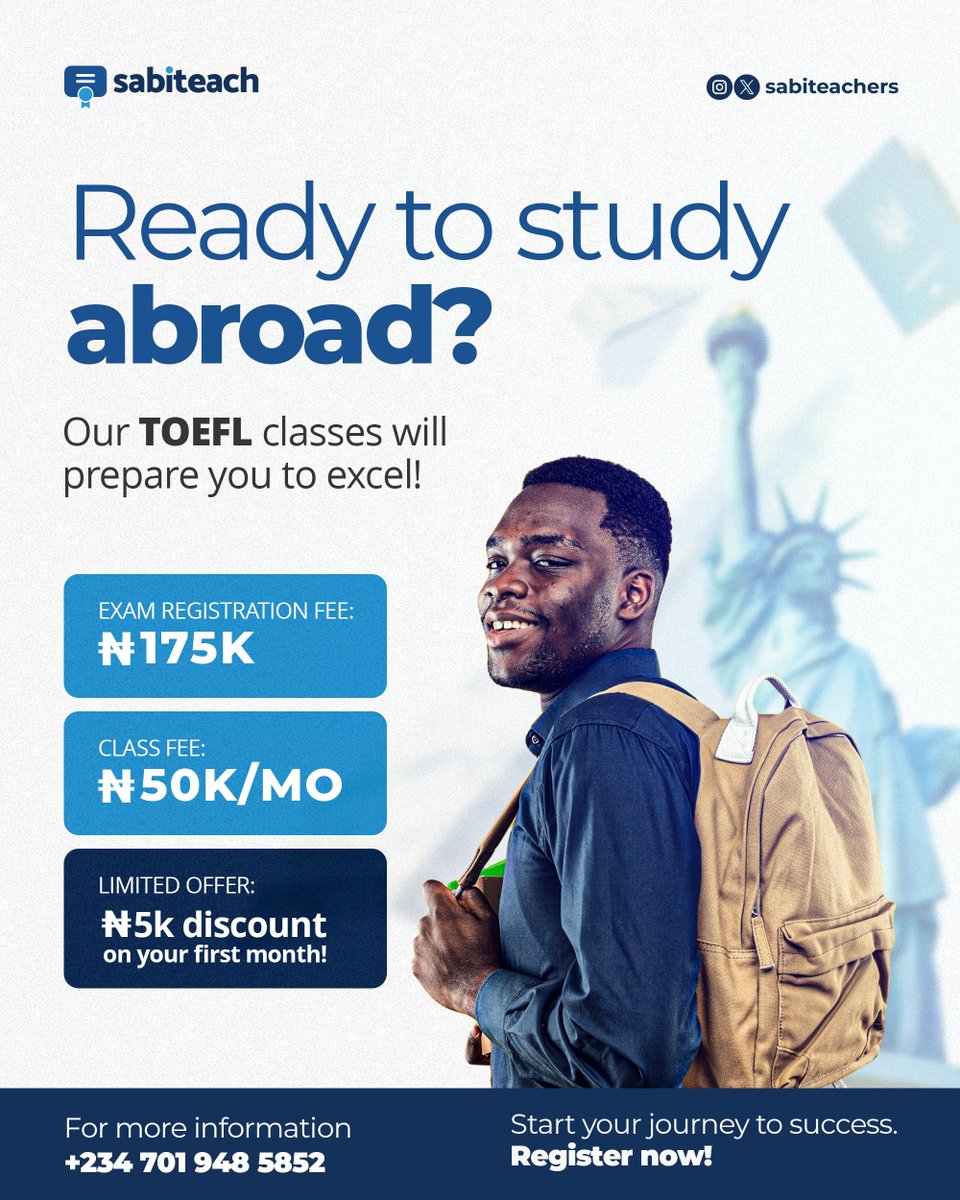 Ready to ace your TOEFL?📗

Our TOEFL prep classes are now N5k OFF! Sign up for N45k instead of N50k and receive expert guidance to boost your scores. 

We also offer seamless exam registration for just N175k. Don't wait! Visit sabiteach.com today to register.

#TOEFL