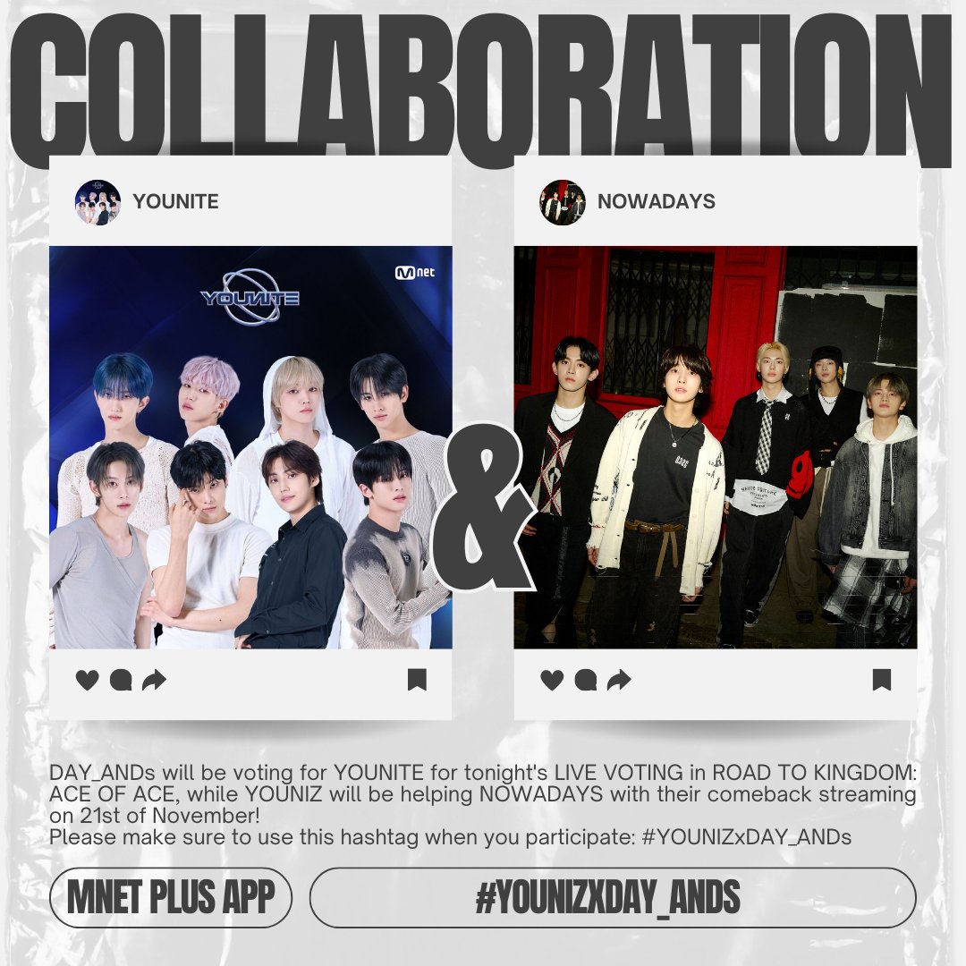 YOUNITEGLOBAL's tweet photo. [📢] 

A collaboration with @NOWADAYSGLOBAL💛

DAY_ANDs will be voting #YOUNITE on RTK2 Final Round tonight, 21:30KST on Mnet Plus App!

While YOUNIZ will be helping DAY_ANDs for streaming NOWADAYS COMEBACK on 11/21!

Reply below your vote proof with #YOUNIZxDAY_ANDs 📲 https://t.co/zwtwkpgSOv