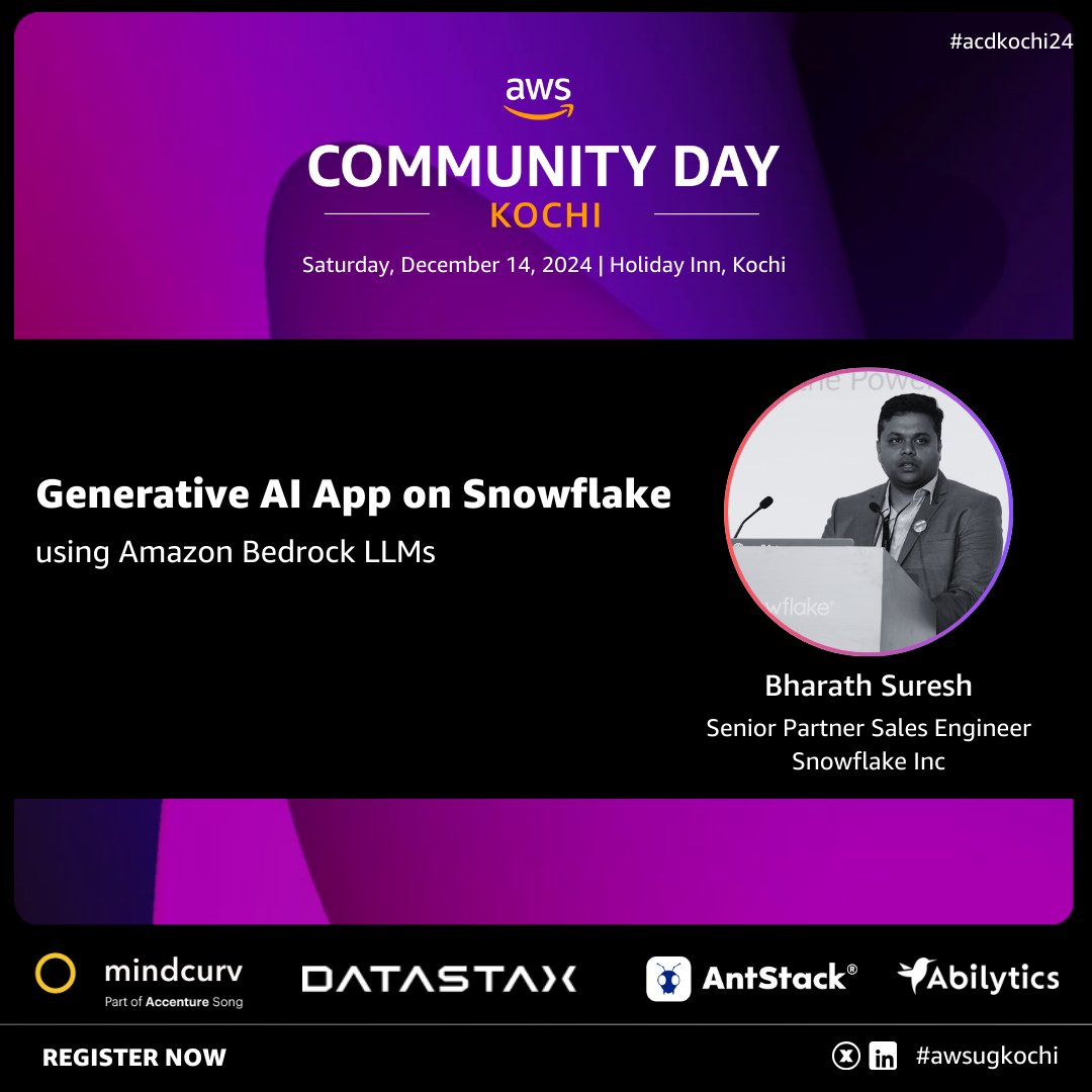awsugkochi (@awsugkochi) on Twitter photo ๐ข Speaker Announcement: Generative AI App on Snowflake with Amazon Bedrock LLMs by Bharath Suresh from <a href="/SnowflakeDB/">SnowflakeDB</a>
Join us at #acdkochi24 to explore AI-driven solutions like automated reporting, customer service bots, & advanced analytics!
communityday.awsugkochi.in ๐ข Speaker Announcement: Generative AI App on Snowflake with Amazon Bedrock LLMs by Bharath Suresh from <a href="/SnowflakeDB/">SnowflakeDB</a>
Join us at #acdkochi24 to explore AI-driven solutions like automated reporting, customer service bots, & advanced analytics!
communityday.awsugkochi.in
