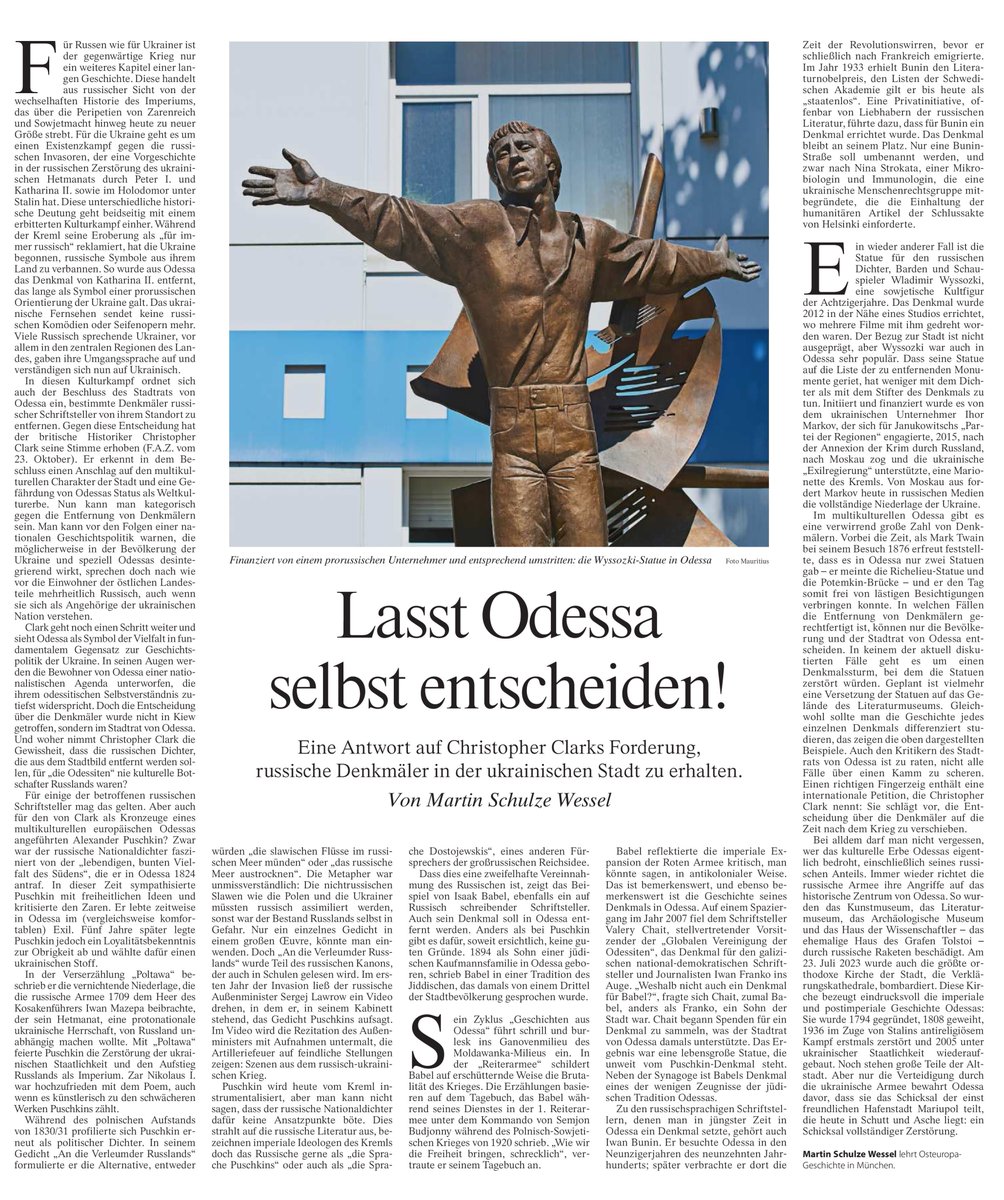IlkoKowalczuk's tweet photo. Der Historiker @MSchulzewessel antwortet am 6.11.24 in der FAZ auf den Essay von Christopher Clark, als er wenig sachkundig die Entscheidung des Stadtrats von Odesa kritisierte,  Denkmäler, die für das russische Vormachtstreben stehen, abzuräumen. Danke! https://t.co/6jDMVn3URv