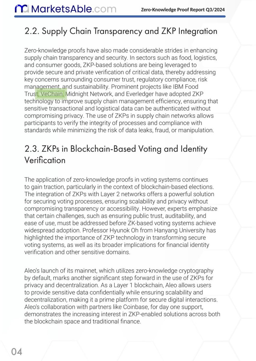 fookelon's tweet photo. #Vechain was included in Zero-Knowledge Proof Report. 

Vechain using ZKPs improve supply chain management efficiency, ensuring that sensitive transactional &amp; logistical data can be authenticated without compromising privacy.

#VET $VET #VeFam #Crypto #RWA #CryptoCommunity #NFT https://t.co/deB82iidYj