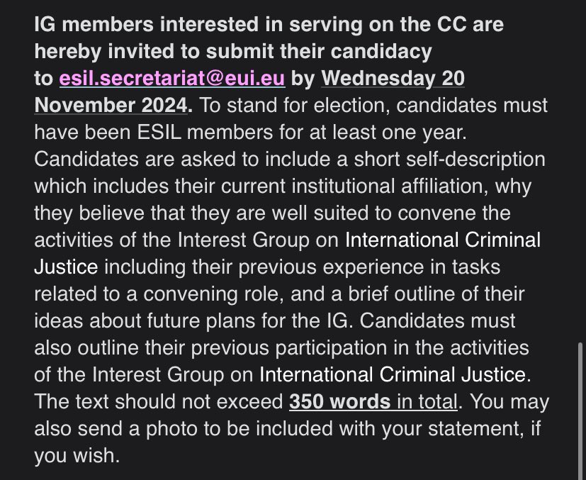ESIL IG on International Criminal Justice (@esiligicj) on Twitter photo Call for candidates for the elections for our interest group 🚨
We are looking to elect two new Coordinating Committee members for a 4-year term, as the mandates of <a href="/j_emtseva/">Julia Emtseva</a> and Claudio Pala are finishing soon.
(deadline: 20 November 2024) Call for candidates for the elections for our interest group 🚨
We are looking to elect two new Coordinating Committee members for a 4-year term, as the mandates of <a href="/j_emtseva/">Julia Emtseva</a> and Claudio Pala are finishing soon.
(deadline: 20 November 2024)
