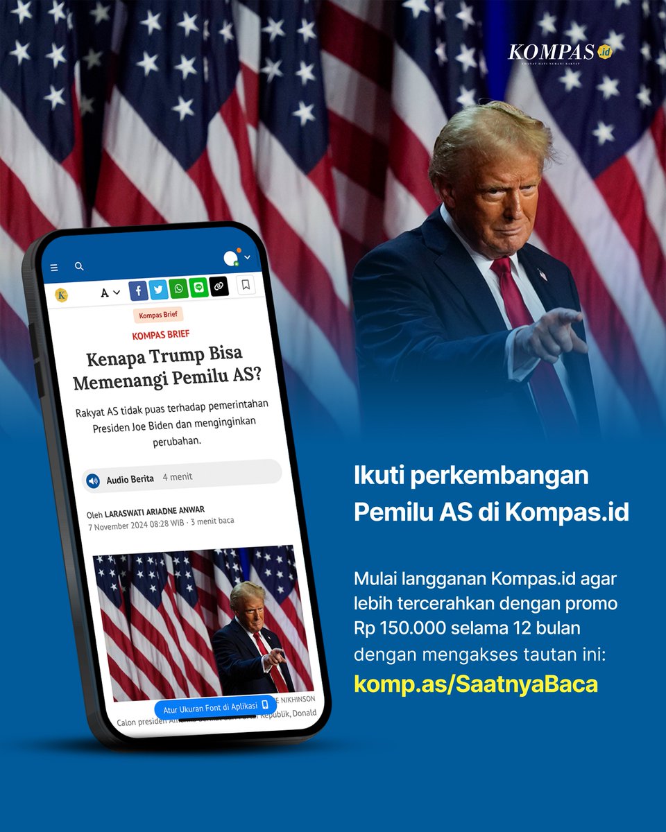 hariankompas's tweet photo. Kompas Brief, cara baca berita untuk memahami topik pilihan Kompas dengan lebih mudah dan cepat. Baca di harian Kompas (https://t.co/KZ58AEx3Xf) dan dapatkan harga spesial dengan akses melalui tautan ini: https://t.co/e4VMXKMpKZ
#KompasBrief #PemiluAS #PilpresAS #Trump #AdadiKompas