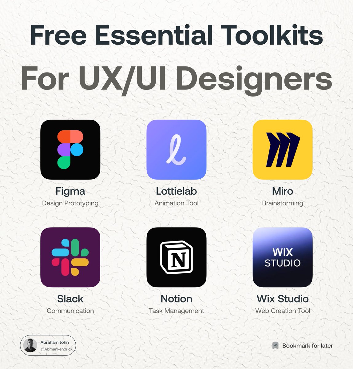 Abmankendrick's tweet image. Here are some free essential toolkits every UI/UX designer should have when starting their design journey.

Bookmark it for later 💜
