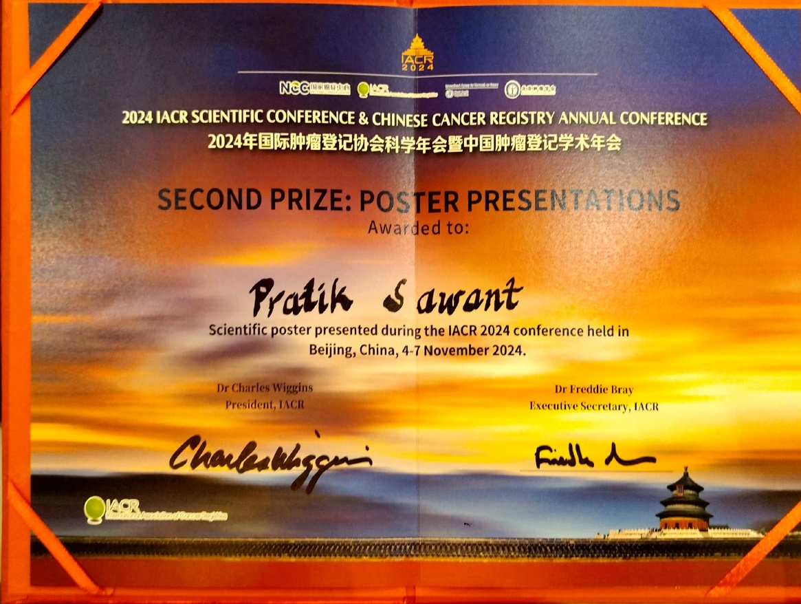 Hearty Congratulations to <a href="/ErPratikSawant/">Pratik Sawant</a> for winning the second prize in poster presentation at IACR Conference 2024 held at Beijing China. Poster describes efforts and developments made by IARC regional Hub Mumbai India in supporting CanReg5 system to Southeast Asian countries