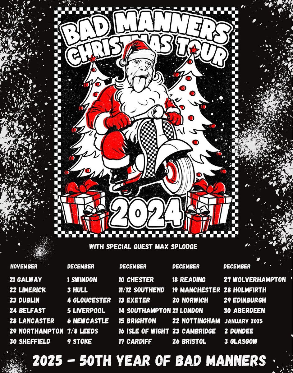 BadMannersTour's tweet image. 🎄 Bad Manners are hitting the road this holiday season, bringing all the energy and iconic tunes you know and love. Don’t miss out on tickets—they’re selling fast! Grab yours now and get ready to skank the night away

#BadManners #SkaMusic #TwoTone