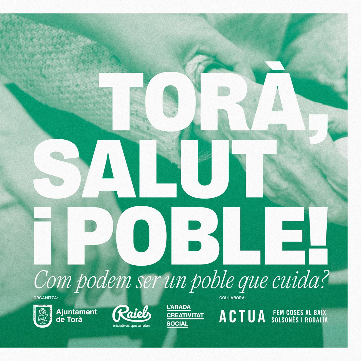 Nova sessió del projecte "Torà, salut i poble!"

📣Debat obert amb els veïns i les veïnes de Torà
📆Divendres 15, 18.30h, Sala de Plens (Ajuntament)

✅Si tens cura d'infants o persones grans, si tens idees per millorar la manera com ens cuidem a Torà... Aquesta és la teva!