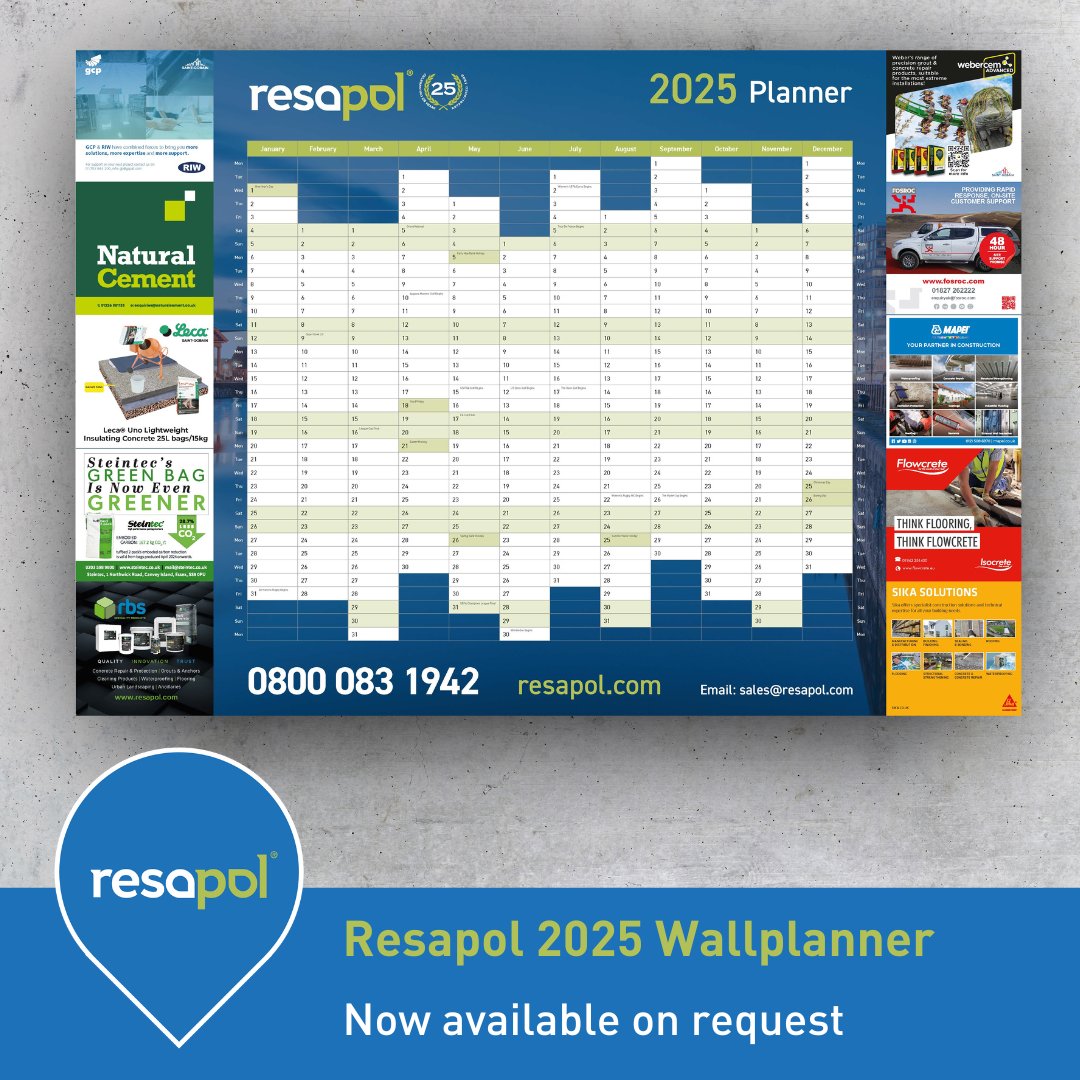 resapol's tweet photo. ๐ The Resapol 2025 Wall Planner is Here! ๐
Our Wallplanner is now in stock and will be included with all orders despatched!
#WallPlanner
RIW @gcpAppliedTech @NaturalCement @Leca_UK @tuffbauSteintec @SikaLimited @FosrocUk @MapeiUKLtd @TremcoUK https://t.co/XdQw0PaiDv