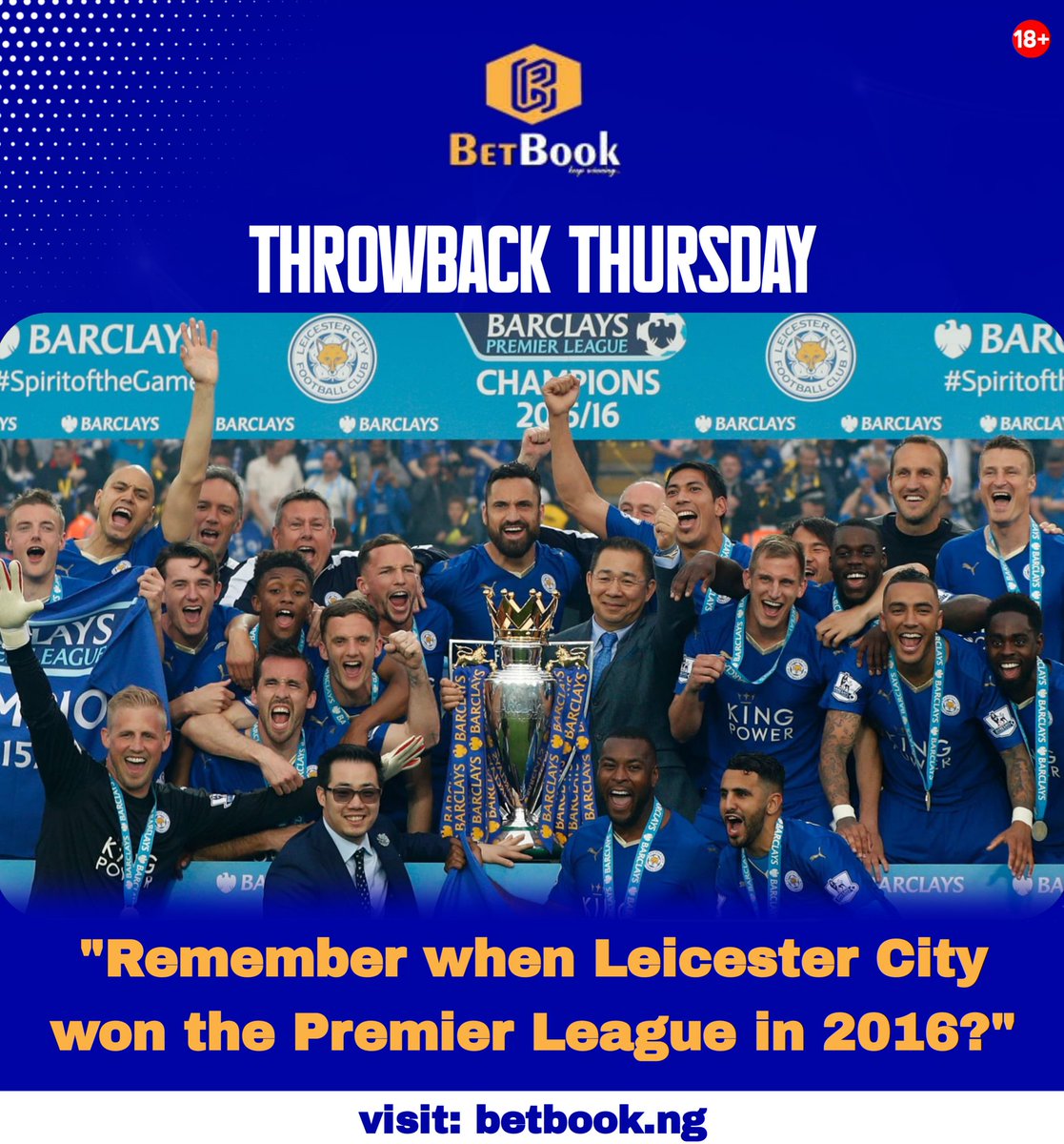 BETBOOK THROWBACK

Remember when Leicester City won the Premier League in 2016? It's a joy to recall this moment.

#ThrowbackThursday #Trump2024 #Election2024 #TBThursday #USElection2024