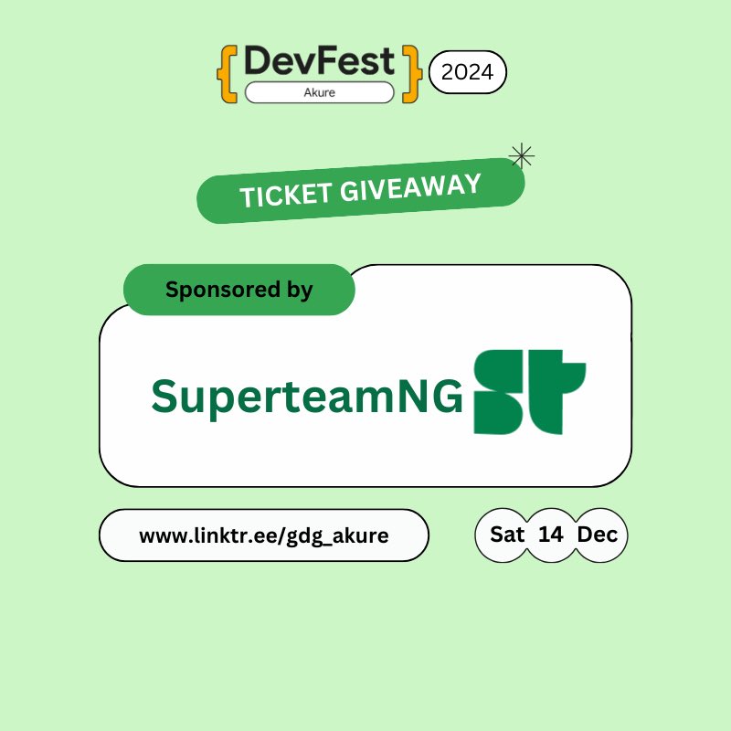 gdg_akure's tweet photo. Ticket Giveaway❗️

@SuperteamNG is sponsoring 20 lucky developers to attend this year's #DevFestAkure event🙌

To grab yours👇

📍Follow @SuperteamNG
📍Tag 3 developer friends so they don’t miss out 🌚

Don't miss your chance to get a free ticket.
Hurry, spots are limited🤝 https://t.co/qh2nL613fQ