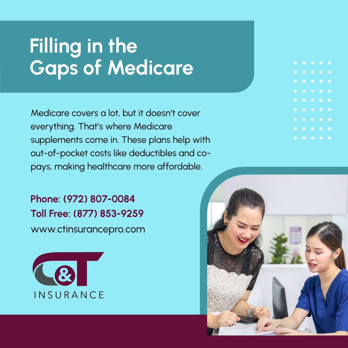 C_TInsurancepro's tweet photo. If you’re on Medicare, it’s worth looking into. Don’t let unexpected costs catch you off guard. We’ll help you find the right Medicare supplement plan. Contact us now! 

#Texas #InsuranceServices #MedicareSupplements https://t.co/TiZa9svOfs