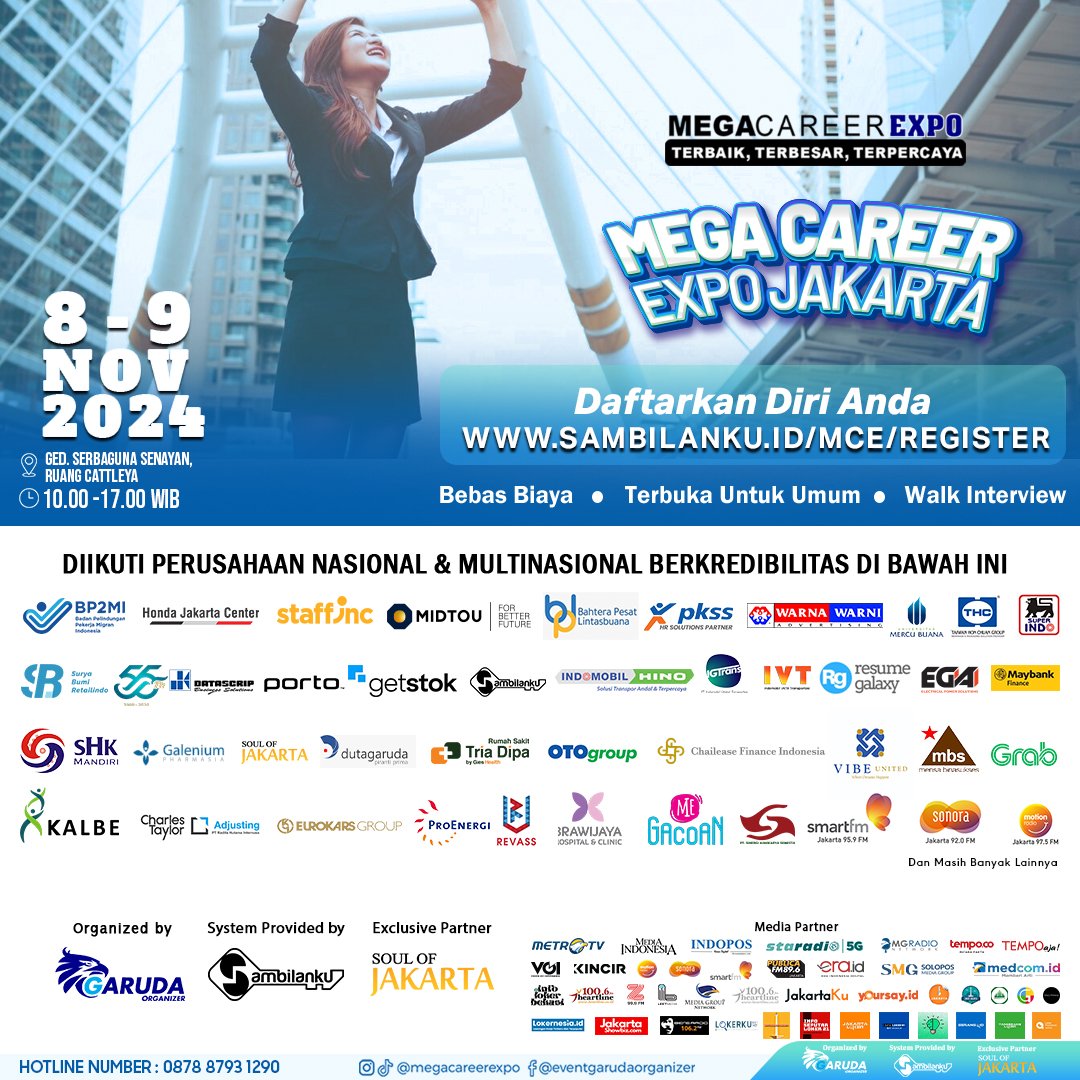 Persiapkan dirimu, para pencari kerja!
Segera daftarkan diri kamu disini sambilanku.id/mce/register 

Info lebih lanjut hubungi 0878 8793 1290 atau direct message Instagram kami di @megacareerexpo

#jobvacancy #jobfair #megacareerexpo #mcejkt #bursakerja #carikerja #hiring