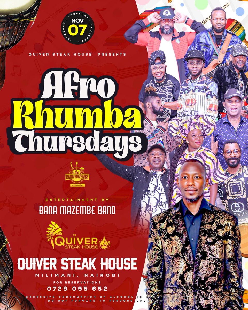 longwa1's tweet photo. 🔥AFRO RHUMBA THURSDAY 🔥 
🕺 Get ready to spice up your Thursday night! Join us for a thrilling #Rhumba experience at Quiver Steak House, Milimani on November 7th! 
 Let’s make this THURSDAY unforgettable! 

 #QuiverSteakHouse #Milimani #RhumbaNights #DanceWithUs #music https://t.co/XBWbKtDKos