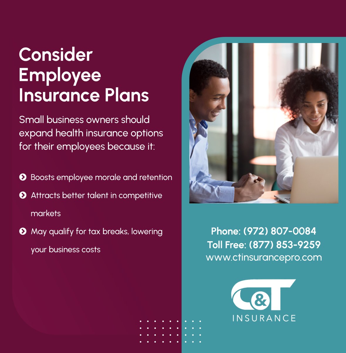C_TInsurancepro's tweet photo. Running a small business doesn’t mean sacrificing quality benefits for your employees. Explore your health insurance options today. 

#Texas #InsuranceServices #SmallBusinessInsurance https://t.co/gMsJbdX1il