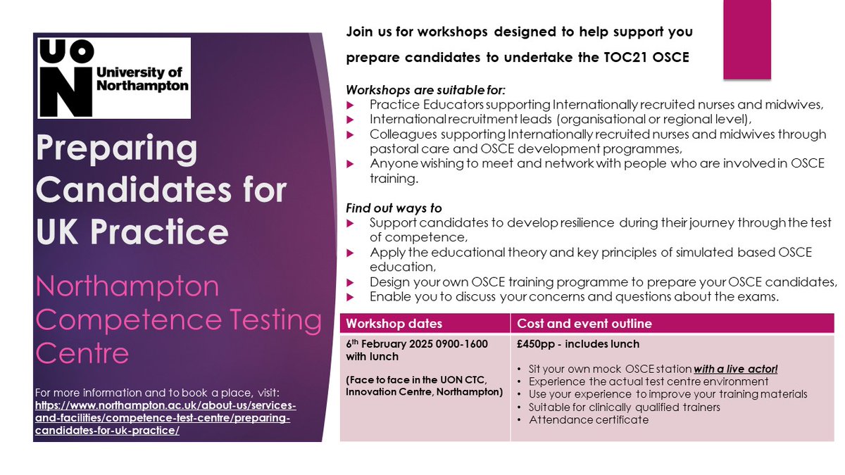 If you are a practice educator who is preparing candidates to undertake the NMC OSCE, please see details of a workshop delivered at Northampton test centre. 

The face-to-face session includes a tour of the centre and a mock OSCE in an exam room. 

#NorthamptonCTC #OSCE #NMC