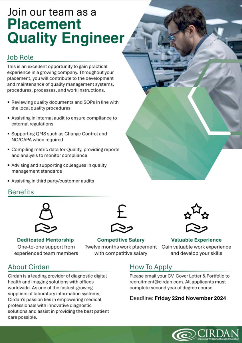 cirdan_com's tweet image. 🎉Applications for Cirdan&apos;s #2025Placement positions are now OPEN! 
Apply now for a 2025 position as Placement #LabAnalyst, #QualityEngineer, #SoftwareDeveloper or #UXDesigner!
Send your CV to recruitment@cirdan.com by 22nd November to apply.
@QUBelfast @UlsterUni @mynwrc