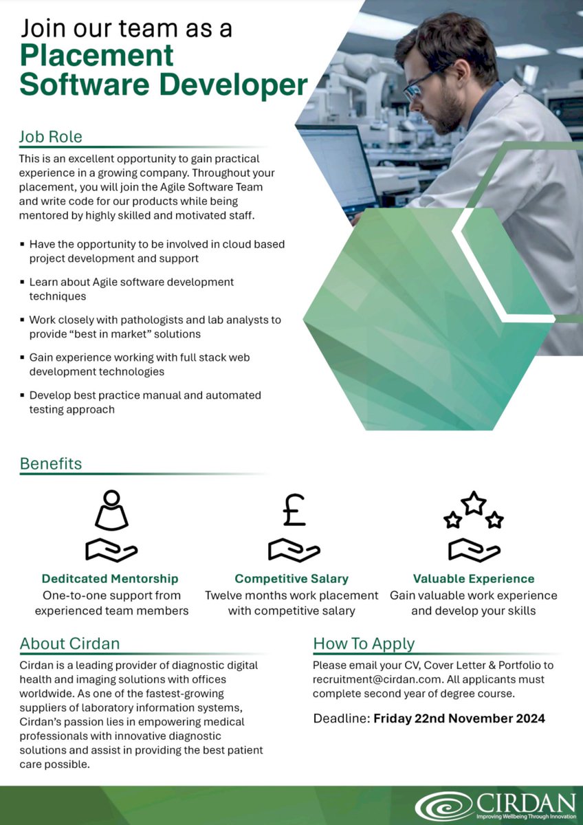cirdan_com's tweet image. 🎉Applications for Cirdan&apos;s #2025Placement positions are now OPEN! 
Apply now for a 2025 position as Placement #LabAnalyst, #QualityEngineer, #SoftwareDeveloper or #UXDesigner!
Send your CV to recruitment@cirdan.com by 22nd November to apply.
@QUBelfast @UlsterUni @mynwrc