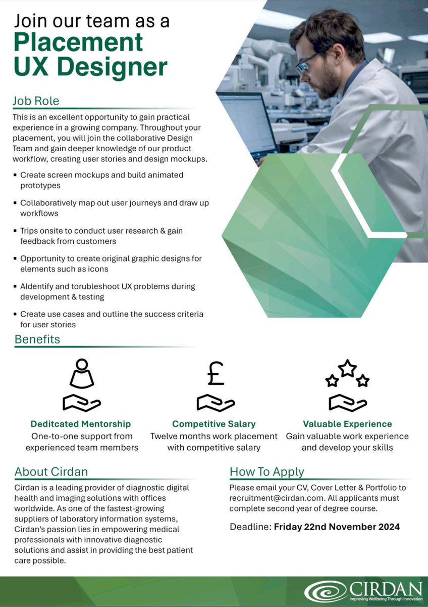 cirdan_com's tweet image. 🎉Applications for Cirdan&apos;s #2025Placement positions are now OPEN! 
Apply now for a 2025 position as Placement #LabAnalyst, #QualityEngineer, #SoftwareDeveloper or #UXDesigner!
Send your CV to recruitment@cirdan.com by 22nd November to apply.
@QUBelfast @UlsterUni @mynwrc