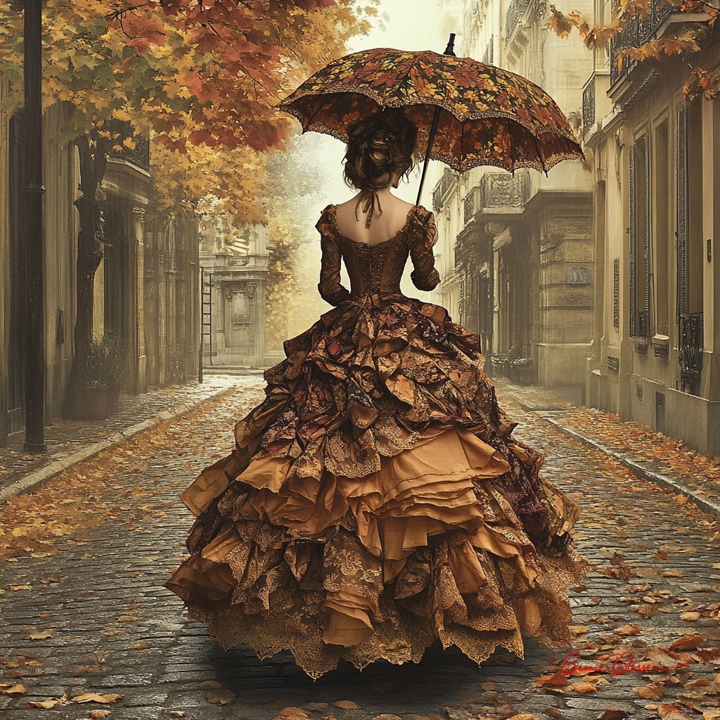 BeanieBlossom's tweet photo. Prompt: Create a romantic, historic Parisian scene. Focus on a woman in an ornate gown, detailed with ruffles and floral prints in gold and brown hues. She carries an umbrella made of autumn leaves. Set on a misty street surrounded by classic Parisian architecture, with cobblestone streets and colorful fallen leaves. Capture a whimsical, old-world atmosphere, blending nostalgia with fantasy in golden autumn hues.

Feel free to join in :)
#DigitalArt #AIArtWork #DigitalArtWork #AIArt #AIArtists #AIArtCommunity #PromptShare