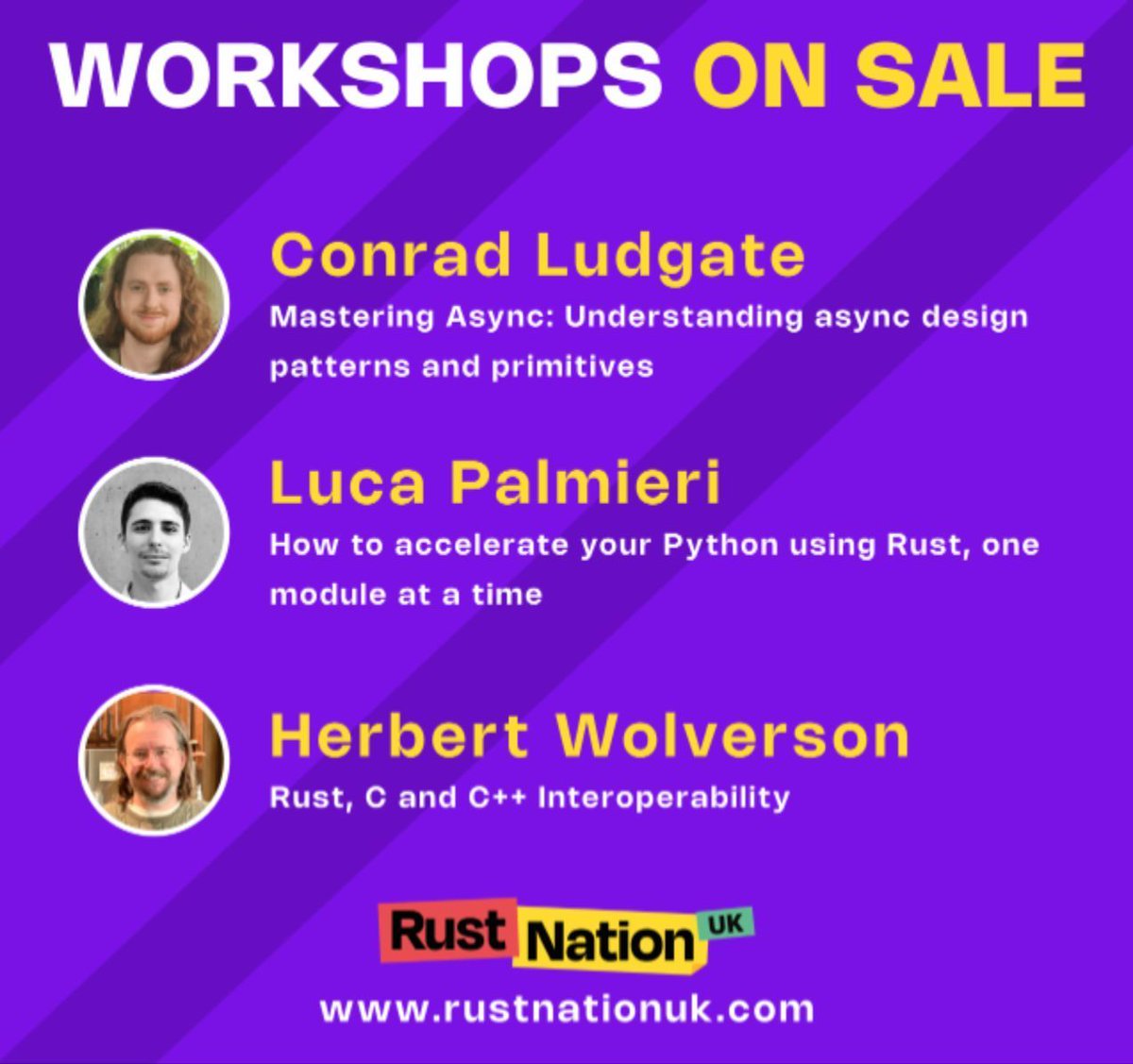 RustNationUK's tweet photo. Ready to boost your Rust knowledge?
Experience a whole day of training at one of our three workshops with leading industry trainers 🦀
For more information on our workshops, head over to our website! https://t.co/gL0lvYEO0Z
Grab your ticket and join us! https://t.co/toAGPOwM2V
#rustnationuk25