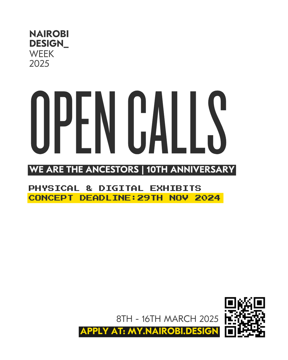 nairobidesign_'s tweet photo. ⚡️Deadline Extended for #NairobiDesignWeek2025 Open Calls!
Apply by November 29, 2024, by sending in your concept. There's still time to bring your creative vision to life at our 10th anniversary!
#WeAreTheAncestors #10yearsOfNDW https://t.co/PTi563WlML