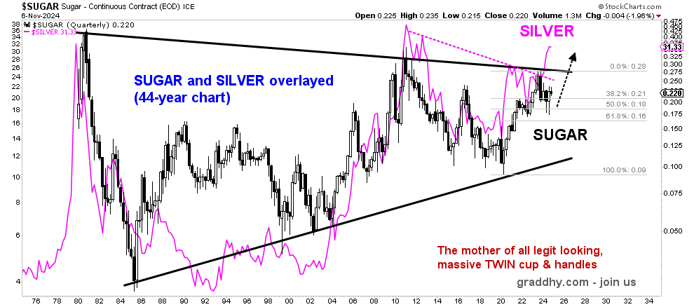 graddhybpc's tweet photo. Silver & sugar track each other well very big picture. Silver broke out into resumed bull market Q1 2024 as posted on in real-time. Sugar looks ready to follow silver.
Sugar breaking out from a 44-year pattern is not good for food prices...
#staginflation #commodities #joinus https://t.co/ubYQrooH0E