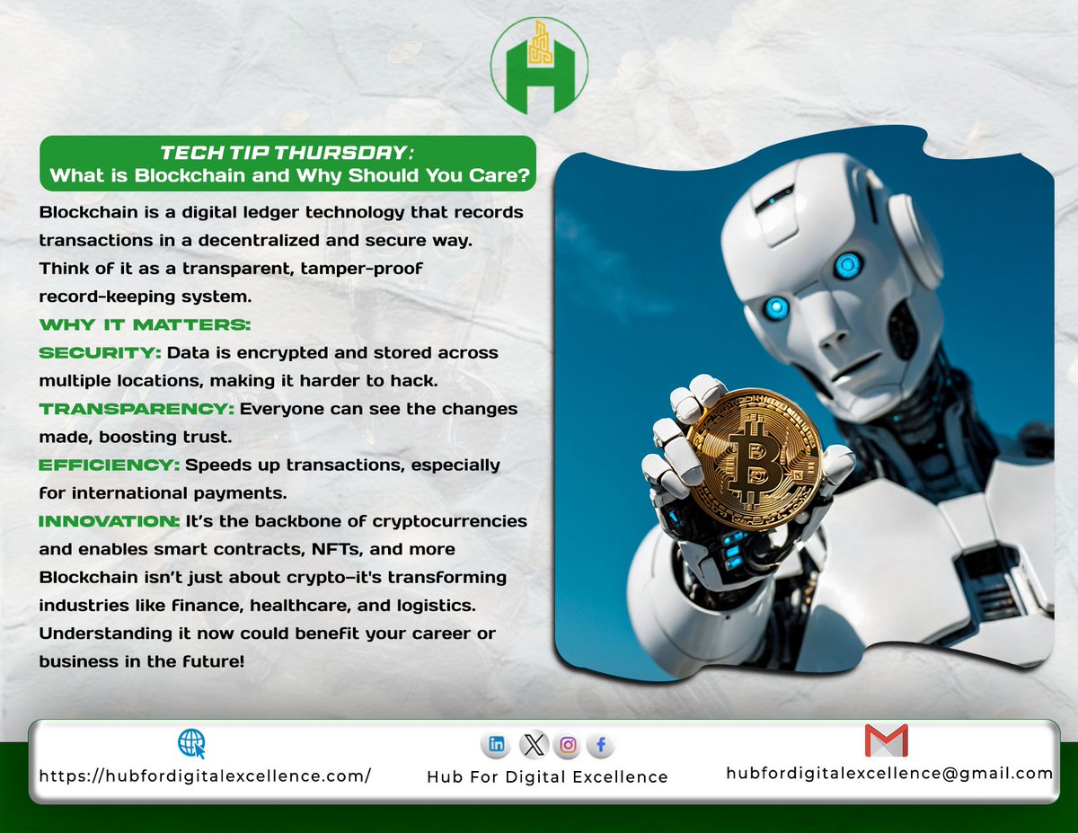 digitalexcelhub's tweet photo. Blockchain is more than just crypto! It's secure, transparent, and transforming industries. From enhanced data security to faster transactions and smart contracts, understanding blockchain can give you an edge in the digital age. 💼
#TechTipThursday #Tech #HubForDigitalExcellence https://t.co/LioOC4mNSV