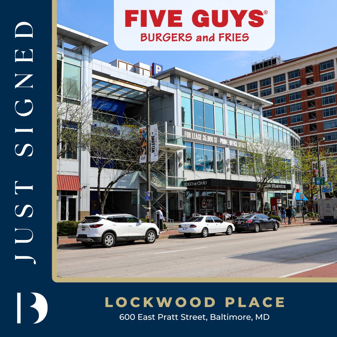Five Guys is coming to Lockwood Place in Downtown Baltimore! We’re excited to announce that they’ve just signed a lease and will soon be serving up their fan favorites at 600 East Pratt Street, right in the heart of one of Baltimore’s top shopping destinations.