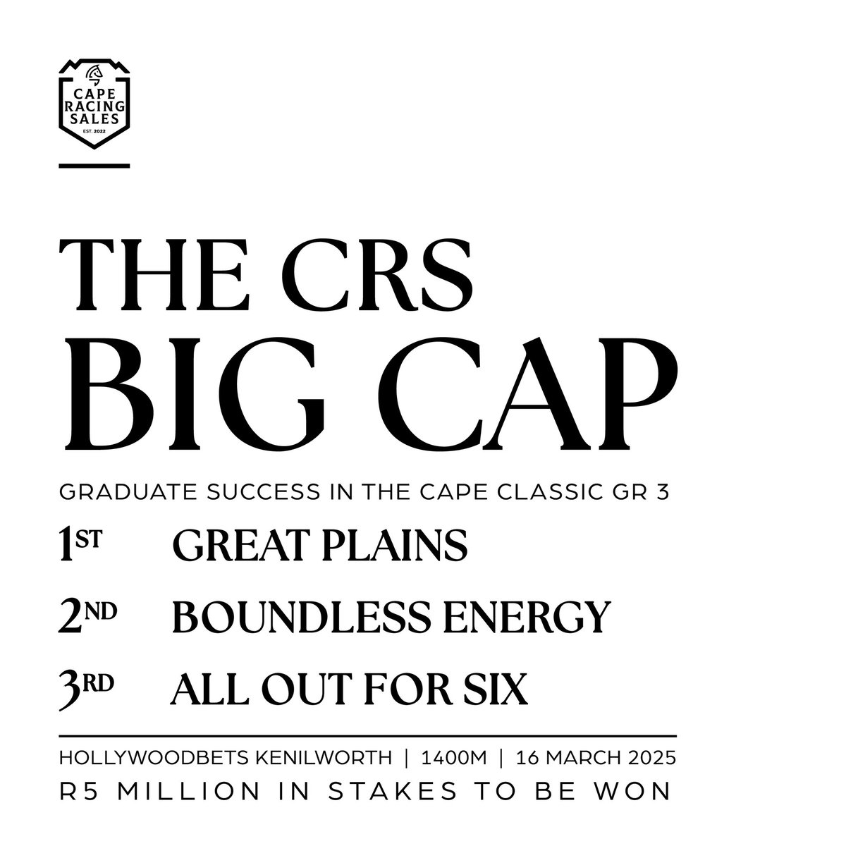 RaceCoastSales's tweet photo. GREAT PLAINS - Danon Platina (JPN) x Mara  (Var (USA)) 

GREAT PLAINS winner of the Gr 3 Cape Classic 

First three past the post - Cape Racing Sales graduates and Big Cap candidates. 

#CPYS2023 
#jointhepassion 
#biggerbettercaperacing 
#BigCap 
#ThrowbackThursday https://t.co/aT6MCvNE3S