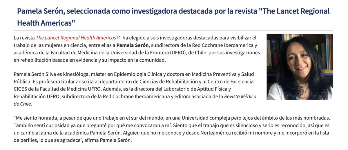 CochraneIberoamerica (@cochraneiberoam) on Twitter photo 🎉 <a href="/pame_seron/">Pamela Seron</a> ha sido seleccionada como investigadora destacada por la revista "The Lancet Regional Health Americas"
Esta investigadora está centrada en investigar la rehabilitación cardíaca e integral en los entornos de bajos recursos como son los países latinoamericanos 🎉 <a href="/pame_seron/">Pamela Seron</a> ha sido seleccionada como investigadora destacada por la revista "The Lancet Regional Health Americas"
Esta investigadora está centrada en investigar la rehabilitación cardíaca e integral en los entornos de bajos recursos como son los países latinoamericanos