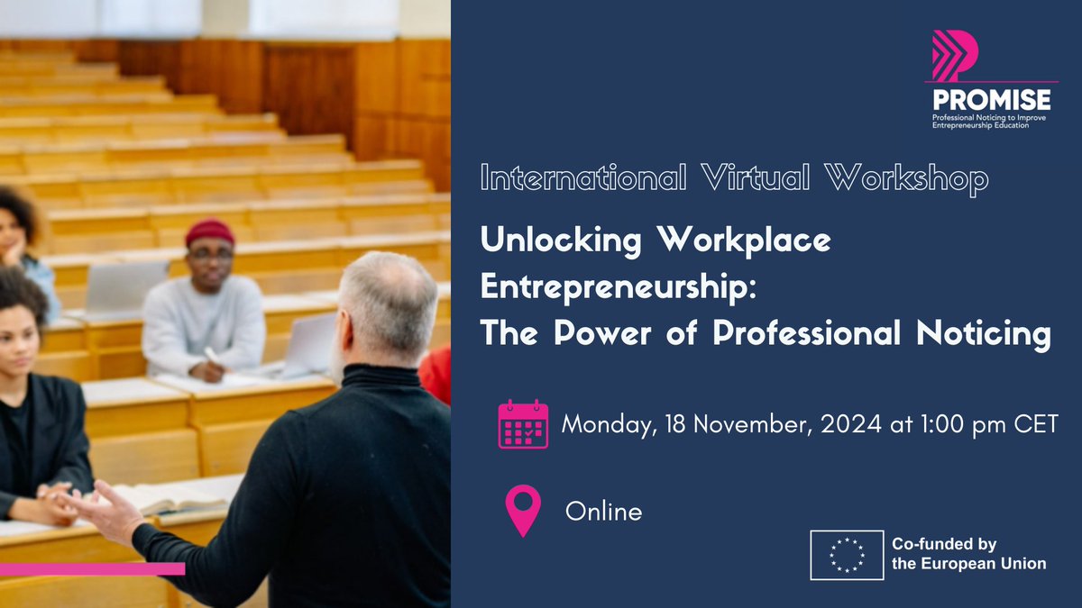 PROMISE Project Workshop: "Unlocking Workplace Entrepreneurship through Professional Noticing" on Nov 18, 1 PM CET!
A must for HE &amp; Vocational Training lecturers aiming to boost students' entrepreneurial skills. 
utu.fi/en/news/news/w…
#Entrepreneurship #Education #GoodPractices