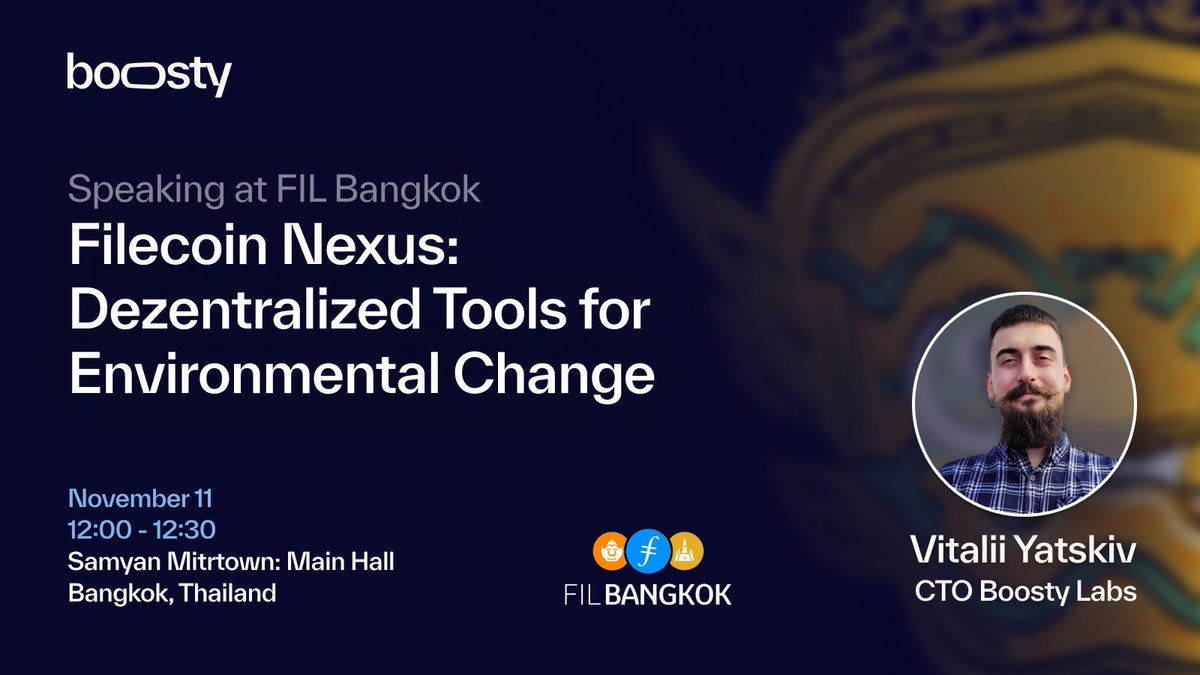 Our CTO Vitalii Yatskiv will participate in a panel discussion on Decentralized Tools for Environmental Change at FIL Bangkok by <a href="/FilFoundation/">Filecoin Foundation (onchain cloud arc)</a> 🔥  

Come listen to the discussion with Alan Ransil from <a href="/Devonian_ai/">Devonian Systems</a> and <a href="/dwddao/">David Dao</a> from <a href="/GainForestNow/">GainForest.Earth</a>. Moderated by <a href="/tinkmk/">Megan Klimen</a> 🚀