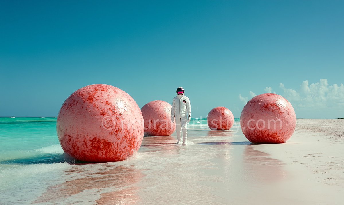 __neural__'s tweet image. Did they fall here like meteorites, or did they sprout from the earth itself, like strange ripe fruits from another dimension?
#alienflora #surrealbeach #mysteryobjects #otherworldly #conceptualart #dreamscape #unexplained