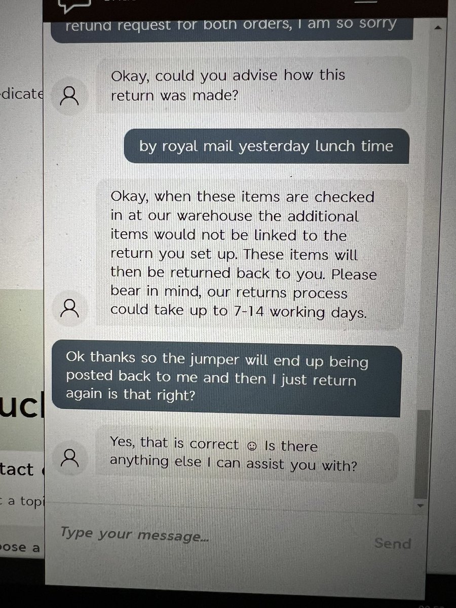 A stupid returns process 😤 In error returned 1 jumper from 1 order in with another order. Both orders arrived same day. Have to wait for jumper to be returned to me to post back to M &amp; S😝 costing M &amp; S more in postage.  I apologised, so not good service from <a href="/marksandspencer/">M&S</a> 🤬
