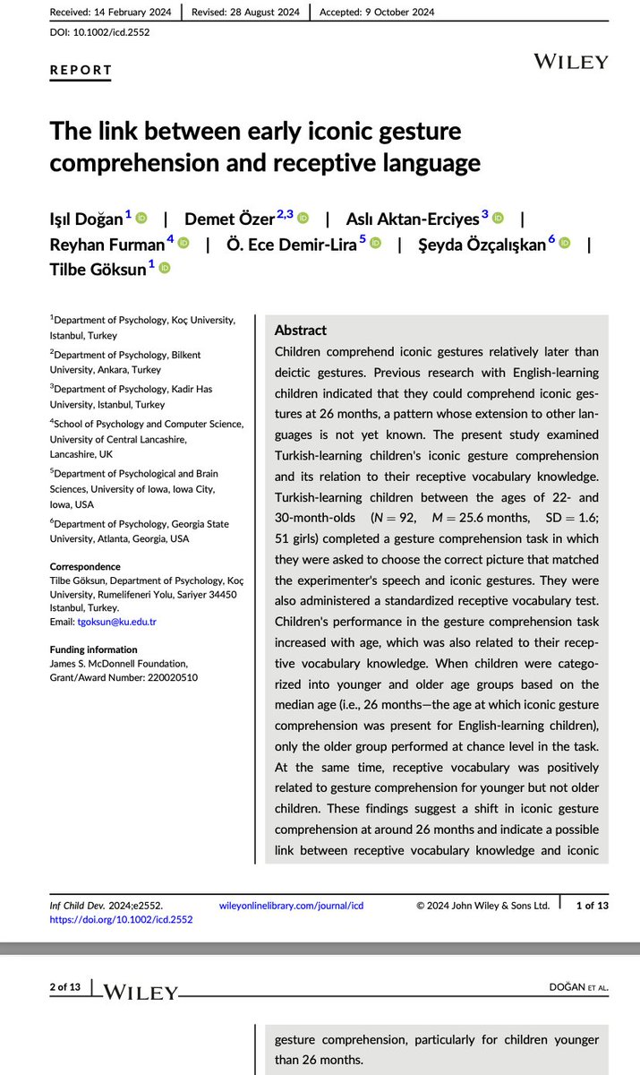 Tilbe Göksun (@goksuntilbe) on Twitter photo A new paper from our lab- part of Işıl's MA thesis! <a href="/Isildogan_/">Işıl Doğan</a> Super happy to have worked with this great team! <a href="/DemetOzer11/">Demet Özer</a> <a href="/AsliErciyes/">Asli Aktan-Erciyes</a> <a href="/oedemir/">Dr. Ece Demir-Lira</a> <a href="/ReyhanFurman/">Dr Reyhan Furman @reyhanfurman.bsky.social</a> <a href="/OzcaliskanSeyda/">Gesture-Cognition-Communication Lab</a>
The link between early iconic gesture comprehension and receptive language
onlinelibrary.wiley.com/doi/10.1002/ic… A new paper from our lab- part of Işıl's MA thesis! <a href="/Isildogan_/">Işıl Doğan</a> Super happy to have worked with this great team! <a href="/DemetOzer11/">Demet Özer</a> <a href="/AsliErciyes/">Asli Aktan-Erciyes</a> <a href="/oedemir/">Dr. Ece Demir-Lira</a> <a href="/ReyhanFurman/">Dr Reyhan Furman @reyhanfurman.bsky.social</a> <a href="/OzcaliskanSeyda/">Gesture-Cognition-Communication Lab</a>
The link between early iconic gesture comprehension and receptive language
onlinelibrary.wiley.com/doi/10.1002/ic…