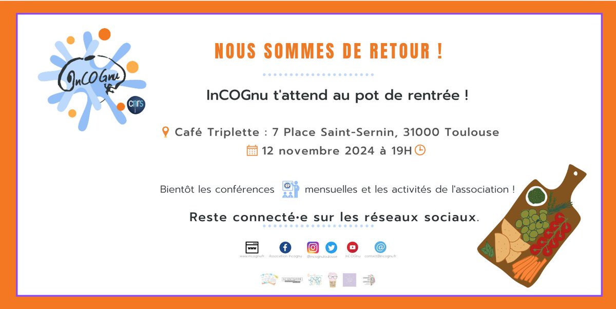 🎉Voici enfin notre pot de rentrée ! 
C'est mardi à 19h, au Café Triplette et on a hâte de vous y retrouver !🎉

Venez échanger avec les anciens et les nouveaux autour d'un verre. Le bureau sera là pour répondre à toutes vos questions !

#Toulouse  #soiree #Sciences #Cognition