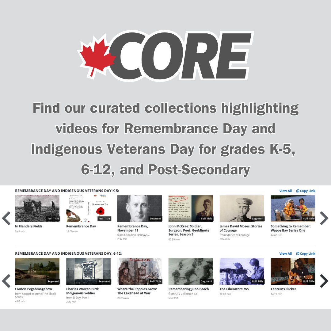 COREedu_video's tweet photo. This Veteran's Week, we want to honour the courage and dedication of those who have served our country.

Head to the link in our bio to find collections curated specifically for these important dates!

#VeteransWeek #IndigenousVeteransDay #RemembranceDay #CanadaRemembers https://t.co/pbTOvC9iG2