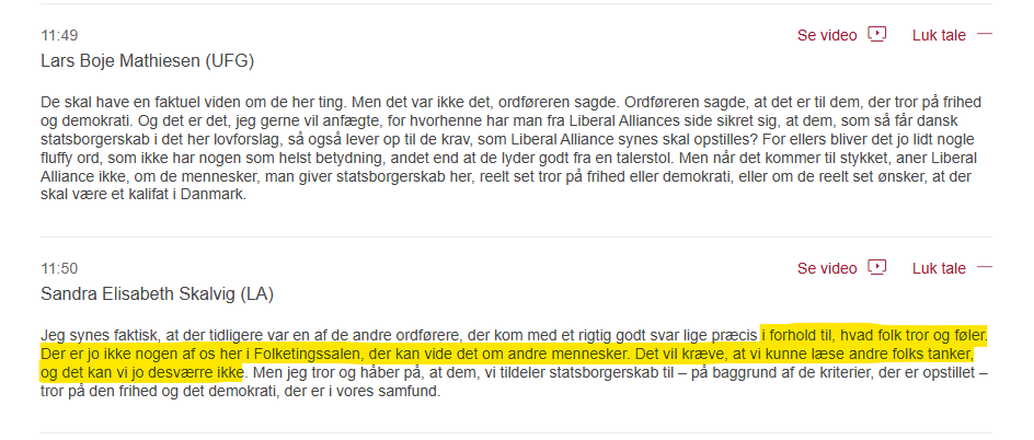 I dag 1.beh. lovforslag om indfødsret, som igen er blevet et omdrejningspunkt i den off. debat. Senest med LA's krav om sindelagskontrol. 

Jeg vil stilfærdigt minde folk om, hvad LA selv svarede på lignede krav, sidst man behandlede lovforslaget i 2023 nov. #dkpol