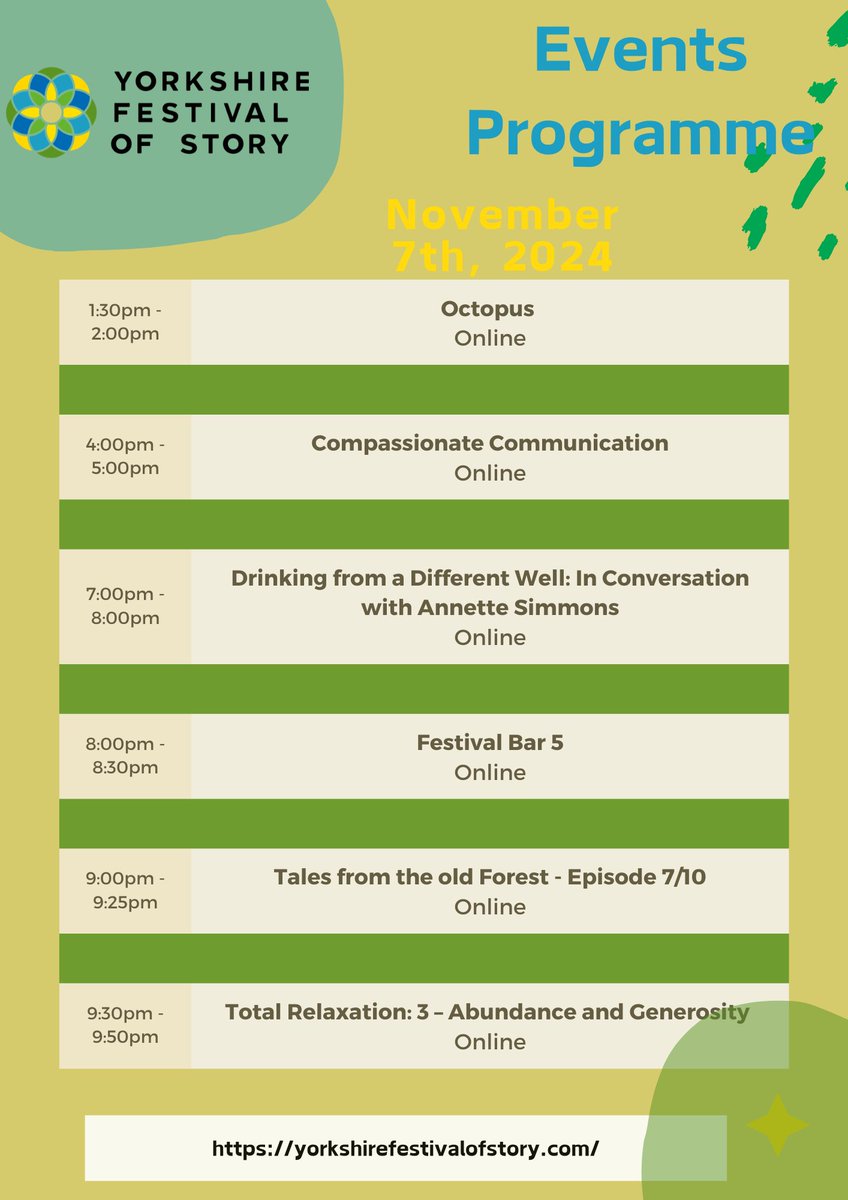 #YFOS24 Day 7! 🌟 In Compassionate Communication, we explore how  kindness fosters trust and drives change. Then, we join <a href="/TheStoryFactor/">Annette Simmons</a> for insights from 'Drinking from a Different Well', on reshaping power through women’s stories—and much more! 🤩👇
yorkshirefestivalofstory.com/programme