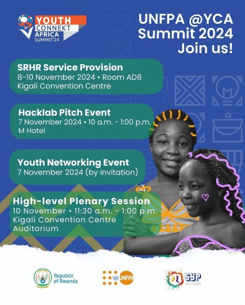 Join <a href="/UNFPA/">UNFPA</a> as we engage <a href="/YouthConnektAf/">YouthConnekt Africa</a> 2024:

•#SRHR Service Provision
•Hacklab Pitch Event
•Youth Networking Event
•High-level Plenary

Elevating Youth Health &amp; Well-being for a Brighter Africa ⭐️

#YouthInnovation <a href="/UNFPA_ESARO/">UNFPA East and Southern Africa</a> <a href="/UNFPA_SYP/">Safeguard Young People Programme</a>