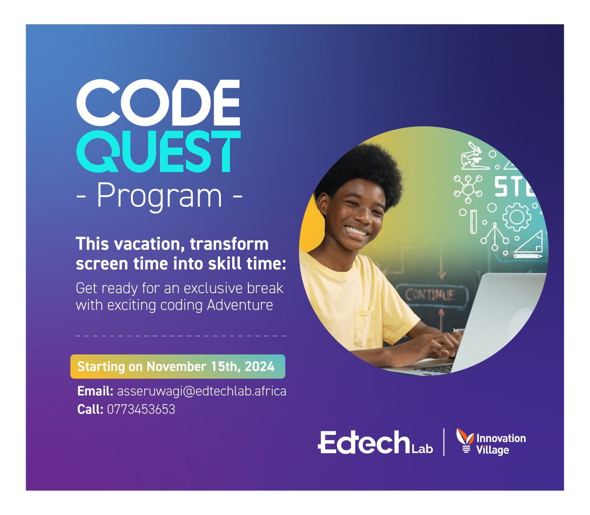 TheVillageUG's tweet image. Hello Holiday Makers!

We are excited to introduce #CodeQuest, a pioneering vacation coding program crafted just for S4 and S6 students! This unique opportunity will empower you to champion digital literacy and equip students with the tech skills they need for the future. With…