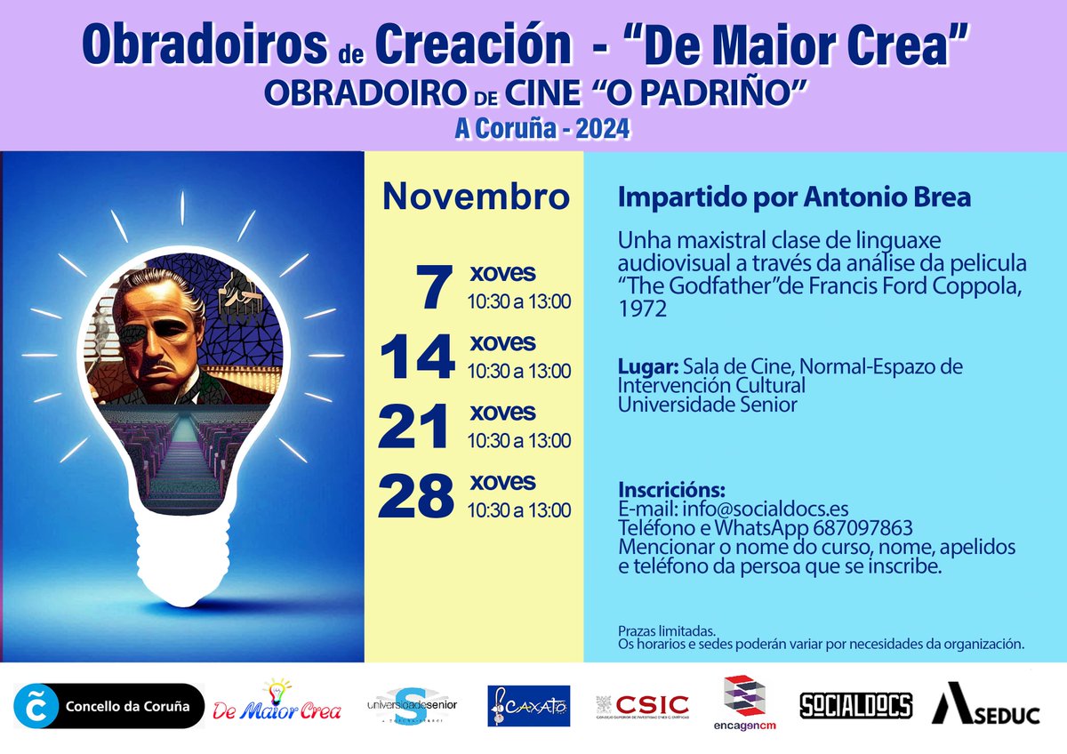 A Universidade Sénior da Coruña acolle un dos Obradoiros de Creación - "De Maior Crea", adicado a "O Padriño", impartido por Antonio Brea de <a href="/socialDocs/">Socialdocs</a> , presentado esta mañá pola nosa directora, Matilde García Sánchez.