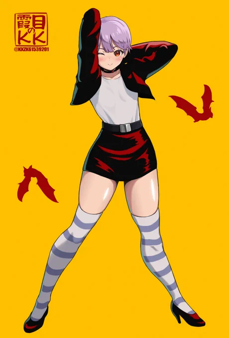『ヴァンパイア』シリーズリリス#格ゲーキャラ描こうぜ #Darkstalkers勝ちポーズのしましまニーソ衣装バージョン 